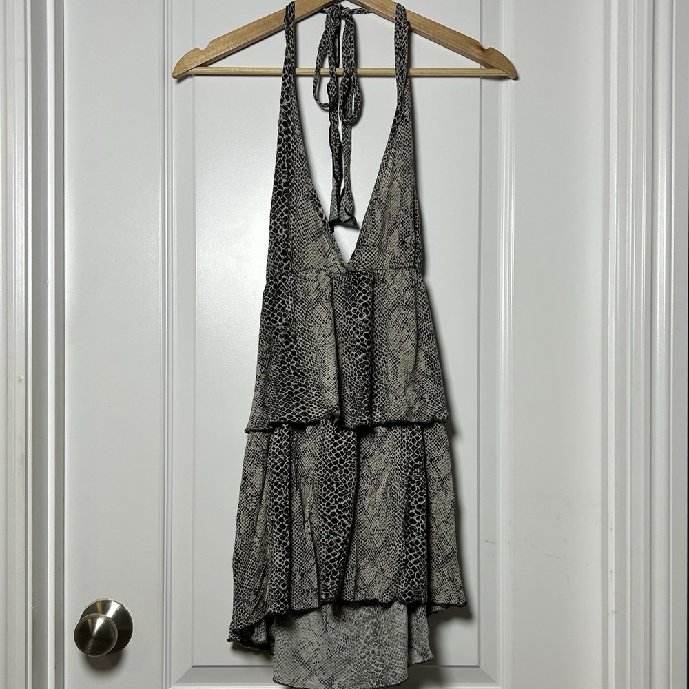 MKM‎ Designs Snake Print Tiered Ruffle Halter V-Neck Mini Dress Mob Wife Style